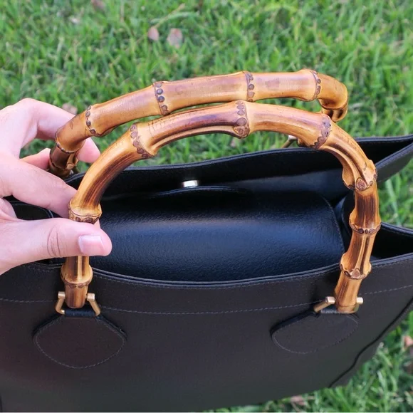 🔥 Vintage Gucci Diana Bamboo Top Handle Bag Black Leather | Classic 90s Gucci - Picture 6 of 13